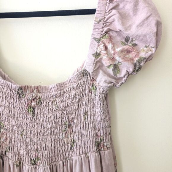 Altar’d State Alexis Floral Linen Midi Dress Mocha White Size Large Romantic - Picture 9 of 9